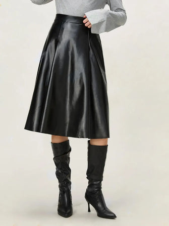 Black Faux Leather Midi Skirt with Chain Belt Black