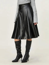 Black Faux Leather Midi Skirt with Chain Belt