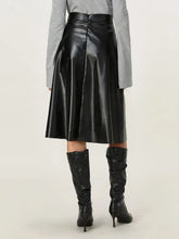 Black Faux Leather Midi Skirt with Chain Belt