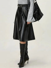 Black Faux Leather Midi Skirt with Chain Belt