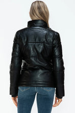 Womens Black Turtleneck Puffer Jacket with Pocketed Zip Up Front