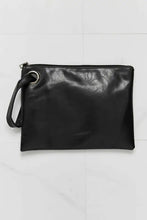 Black faux leather wristlet clutch with silver hardware and strap