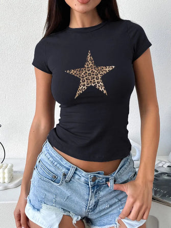 Black Fitted T Shirt with Leopard Print Star for Women Black