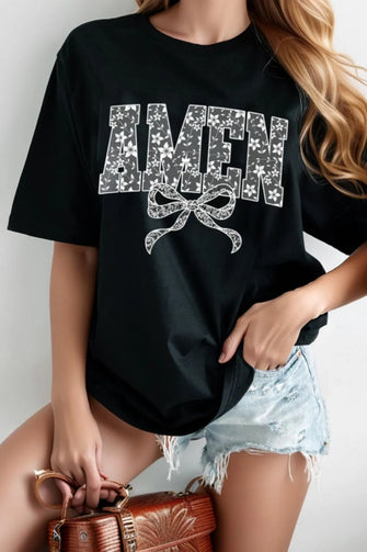 Black Floral Amen Graphic T Shirt for Women Black
