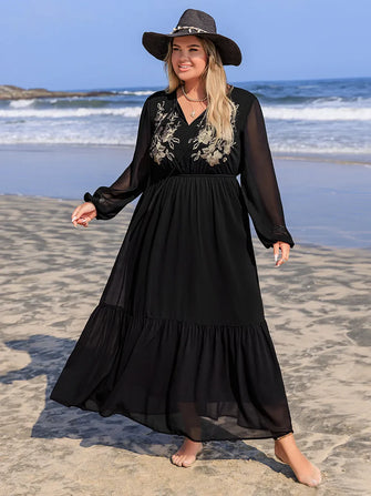 Black Floral Embroidered Long Sleeve Maxi Dress Black