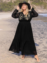 Black Floral Embroidered Long Sleeve Maxi Dress