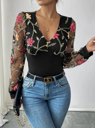 Black Floral Embroidered Mesh Sleeve Bodysuit for Women Black