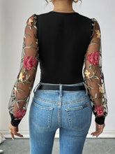 Black Floral Embroidered Mesh Sleeve Bodysuit for Women