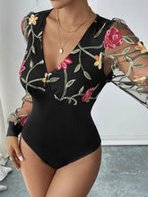 Black Floral Embroidered Mesh Sleeve Bodysuit for Women