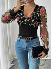 Black Floral Embroidered Mesh Sleeve Bodysuit for Women