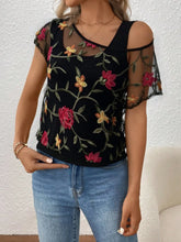 Black Floral Embroidered Mesh Top for Women