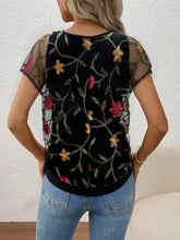Black Floral Embroidered Mesh Top for Women