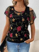 Black Floral Embroidered Mesh Top for Women