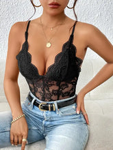 Black floral lace bodysuit with embroidery and spaghetti straps