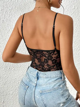 Black floral lace bodysuit with camisole top and thin straps