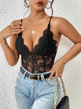 Black floral lace bodysuit with embroidery and spaghetti straps
