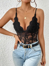 Black floral lace bodysuit with pattern and thin straps