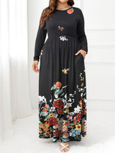 Black Floral Maxi Dress with Long Sleeve Length and Round Neck Floral