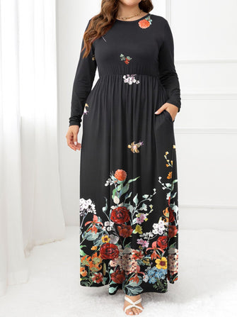 Black Floral Maxi Dress with Long Sleeve Length and Round Neck Floral