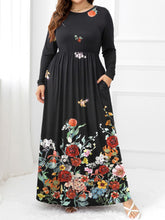 Black Floral Maxi Dress with Long Sleeve Length and Round Neck
