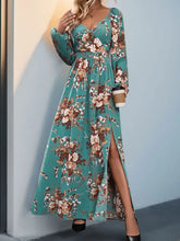 Teal floral print maxi dress with long sleeves and side slit