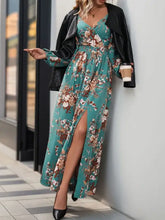 Teal floral print long-sleeve maxi dress with black leather jacket and heels