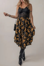 Black Floral Print Midi Dress with Lace Top Black Woman Skirts