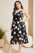 Black Floral Satin Slip Dress with Lace V Neck Plus Size Sleeveless