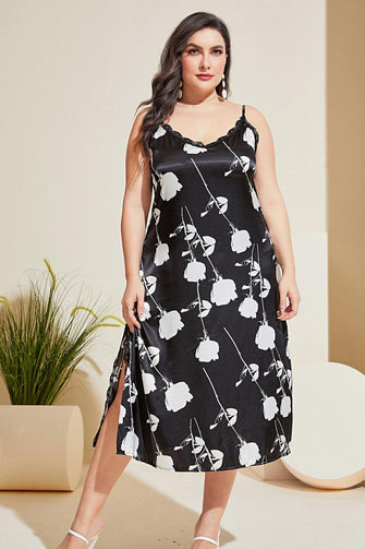 Black Floral Satin Slip Dress with Lace V Neck Plus Size Sleeveless Black