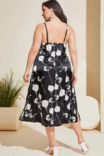 Black Floral Satin Slip Dress with Lace V Neck Plus Size Sleeveless Dresses