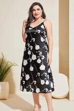 Black Floral Satin Slip Dress with Lace V Neck Plus Size Sleeveless Dresses