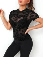 Black Floral Velvet Mesh Sheer Top for Women Woman T Shirts