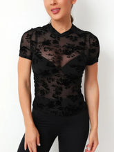 Black Floral Velvet Mesh Sheer Top for Women Black