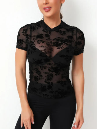 Black Floral Velvet Mesh Sheer Top for Women Black