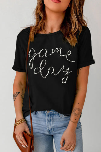 Black Game Day T Shirt for Women Cotton Blend Stretchy Fabric Black