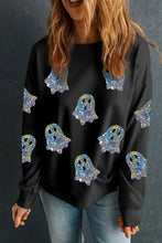 Black ghost round neck long sleeve sweatshirt with iridescent appliques