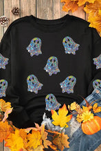 Black ghost round neck long sleeve sweatshirt with iridescent appliques