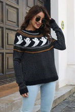 Black Ghost Sweater with Ribbed Round Neck for Women Sweater Pullovers