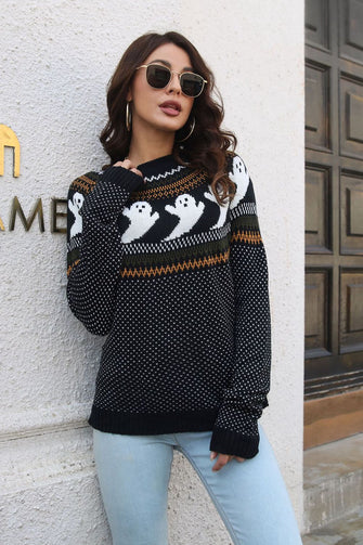 Black Ghost Sweater with Ribbed Round Neck for Women Ghost