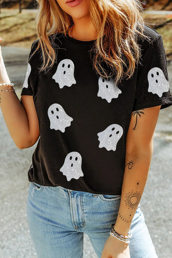 Black Glitter Ghost Patterned T-Shirt for Women Black