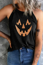 Black graphic tank round neck sleeveless top with orange pumpkin face design