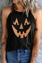 Black graphic tank round neck sleeveless top with pumpkin face design