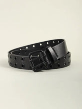 Black grommet PU leather belt with double buckle and dangling strap
