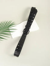 Black grommet PU leather belt with double silver buckle and dangling strap