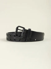 Black grommet PU leather belt with double buckle and dangling strap