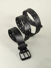 Black grommet PU leather belt with double buckle and dangling strap