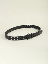 Black grommet PU leather belt with studded design and silver hardware