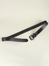 Black grommet PU leather belt with double buckle and dangling strap