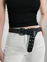 Black grommet PU leather belt with double buckle and dangling strap