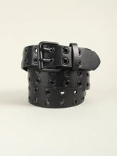 Black grommet PU leather belt with eyelet holes and silver buckle